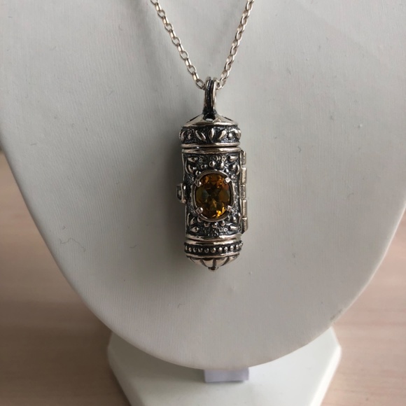 New Sterling Silver Citrine Prayer Box Locket Necklace Made in Israel - Picture 5 of 7